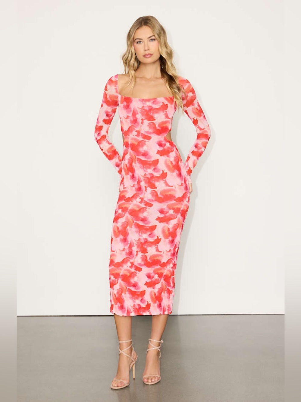 Lulus Dasia Pink and Red Abstract Print Mesh Cutout Midi Dress Size XS - C72-116